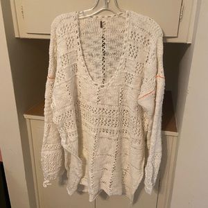 Free People V-Neck Loose Weave Cotton Tunic Sweater